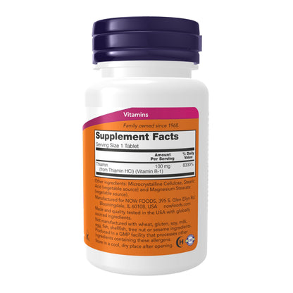 NOW Foods Supplements, Vitamin B-1 100 mg, Energy Production*, Nervous System Health*, 100 Tablets