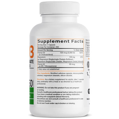 Bronson Vitamin K2+D3 Magnesium Glycinate Supplement, 60 Capsules - 3-in-1 Bone & Heart Health Support Formula, Non-GMO, Gluten Free, Soy Free