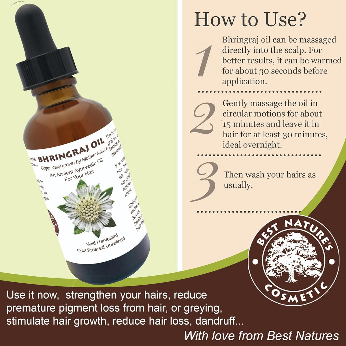Best Natures Bhringraj Oil, Indian Eclipta Alba Oil, Pure and Natural, Cleans scalp, Improve overall appearance of hair. Goodbye Dandruff, For Graying, Hello Luminously shiny hair / 2 fl oz
