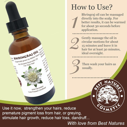 Best Natures Bhringraj Oil, Indian Eclipta Alba Oil, Pure and Natural, Cleans scalp, Improve overall appearance of hair. Goodbye Dandruff, For Graying, Hello Luminously shiny hair / 2 fl oz