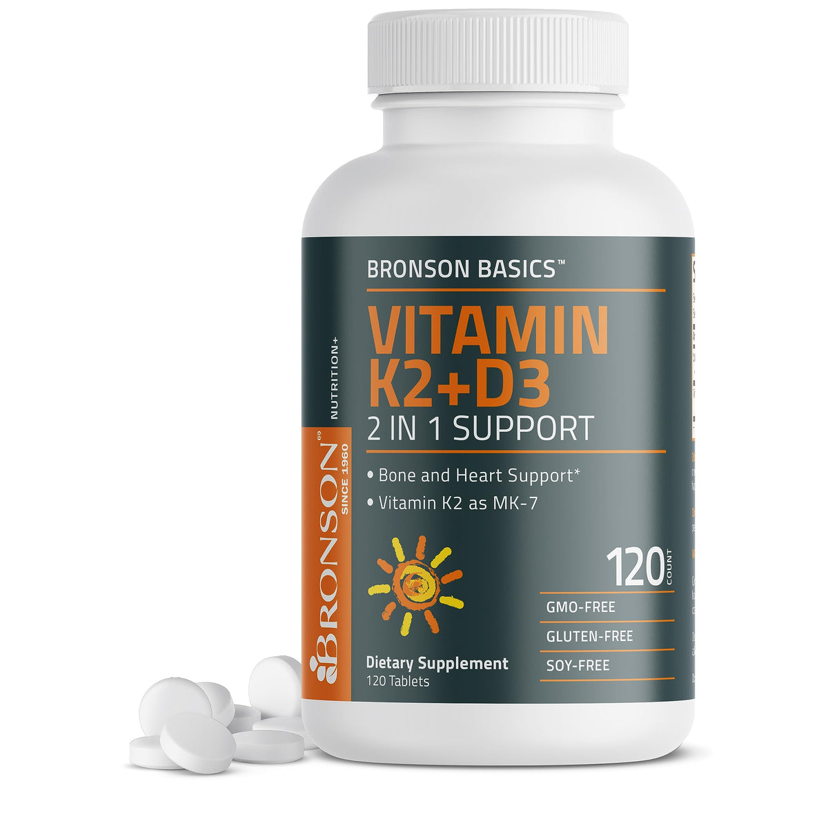Bronson Basics Vitamin K2 D3 (MK7) Supplement Non-GMO Formula 5000IU (125 mcg) 