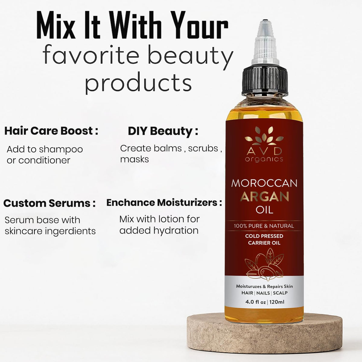 AVD Organics Argan Oil for Hair 120ml - 100% Pure & Natural Moroccan Argan Oil for Adult Hydration, Nourishing, Strengthening, Curly, Frizzy, Dry, Damaged Hair,Face, Skin, Scalp & Nails - (4.05 fl oz)