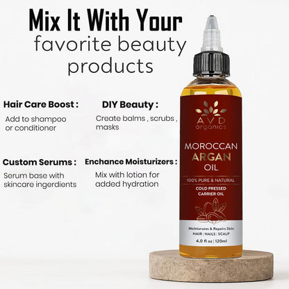 AVD Organics Argan Oil for Hair 120ml - 100% Pure & Natural Moroccan Argan Oil for Adult Hydration, Nourishing, Strengthening, Curly, Frizzy, Dry, Damaged Hair,Face, Skin, Scalp & Nails - (4.05 fl oz)