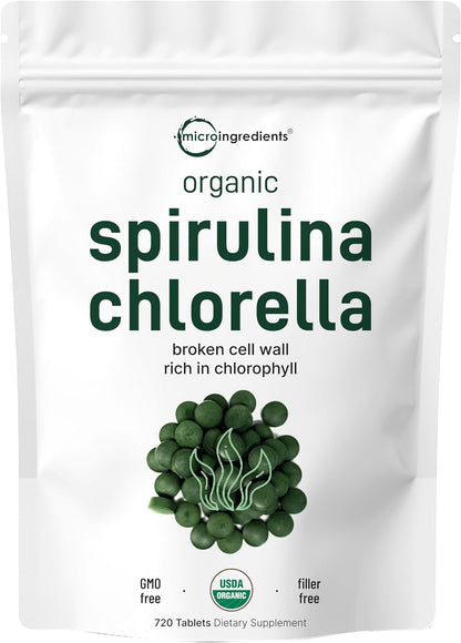 Micro Ingredients Organic Chlorella Spirulina 3000mg Tablets & Vitamin D3 5000iu + K2 100mcg Bundle 2 Pack - Cracked Cell Wall, Rich in Vegan Protein & Chlorophyll - Essential Sunshine Vitamins