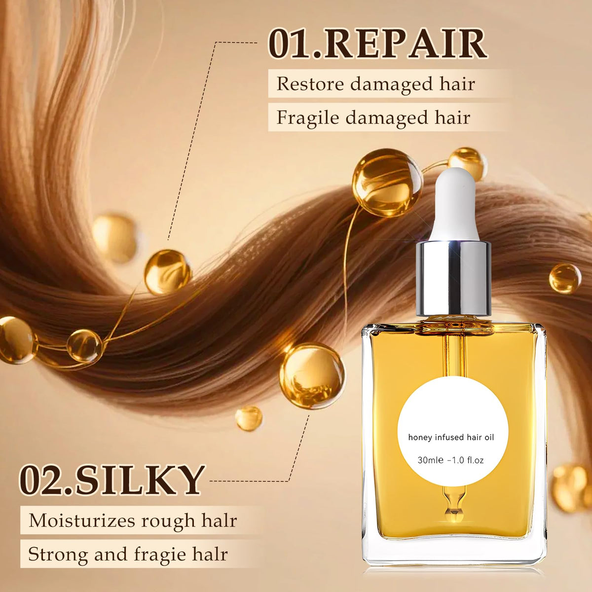 Honey Hair Oil for Dry Damaged Hair - Anti-Frizz Split Ends Treatment, Shine & Smoothness Repair Serum, Nourishing Leave-In Conditioning for Curly & Frizzy Hair, Adds Glossy Shine & Healthy Look