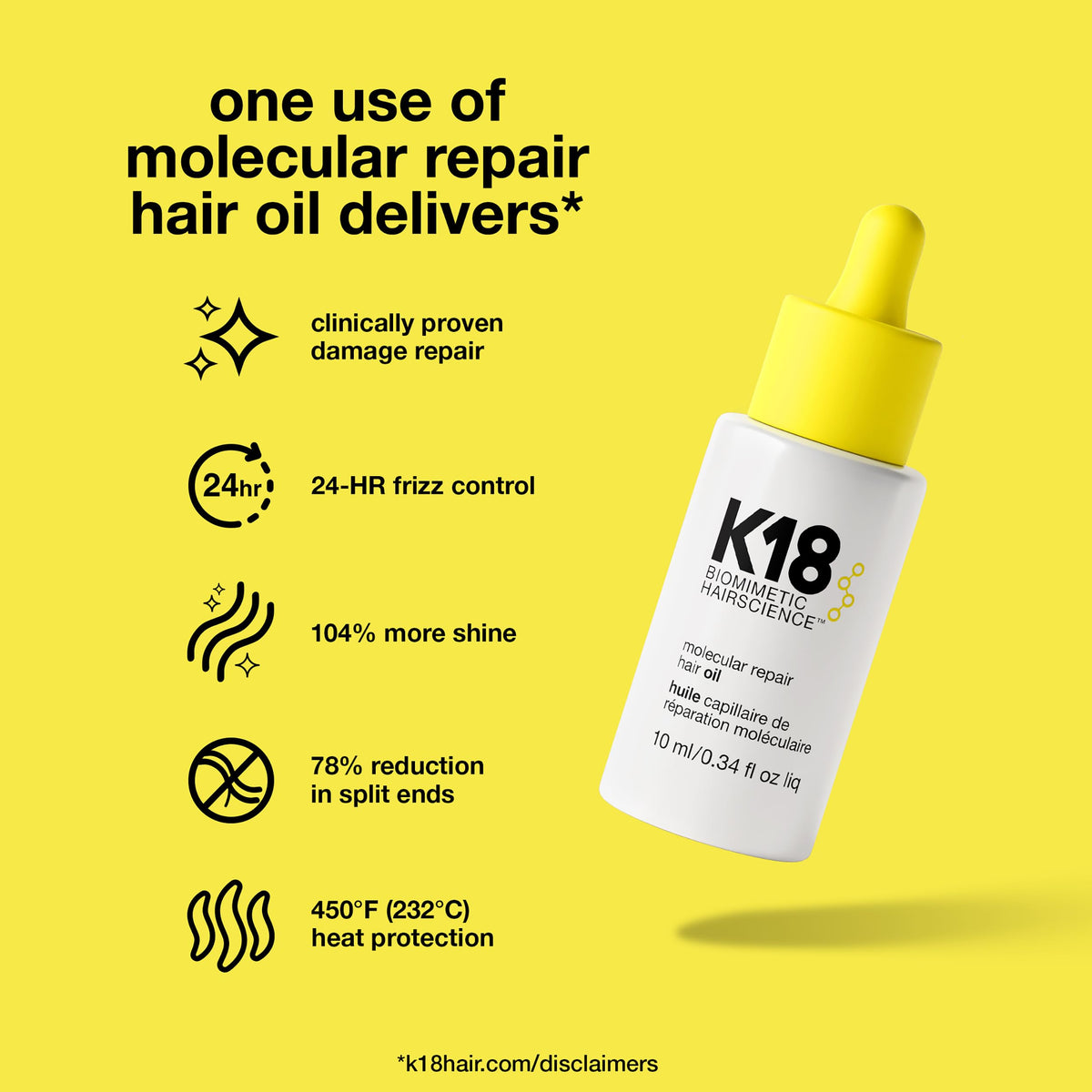 K18 Molecular Repair Hair Oil - Strengthening Peptide Damaged Hair Treatment Oil - 24-Hour Frizz Control + Heat Protectant - 0.34 Fl oz
