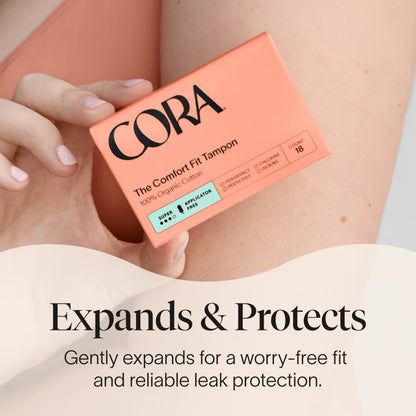 Cora 100% Organic Cotton Non-Applicator Tampons - Ultra-Absorbent, Unscented, Natural, Non-Toxic