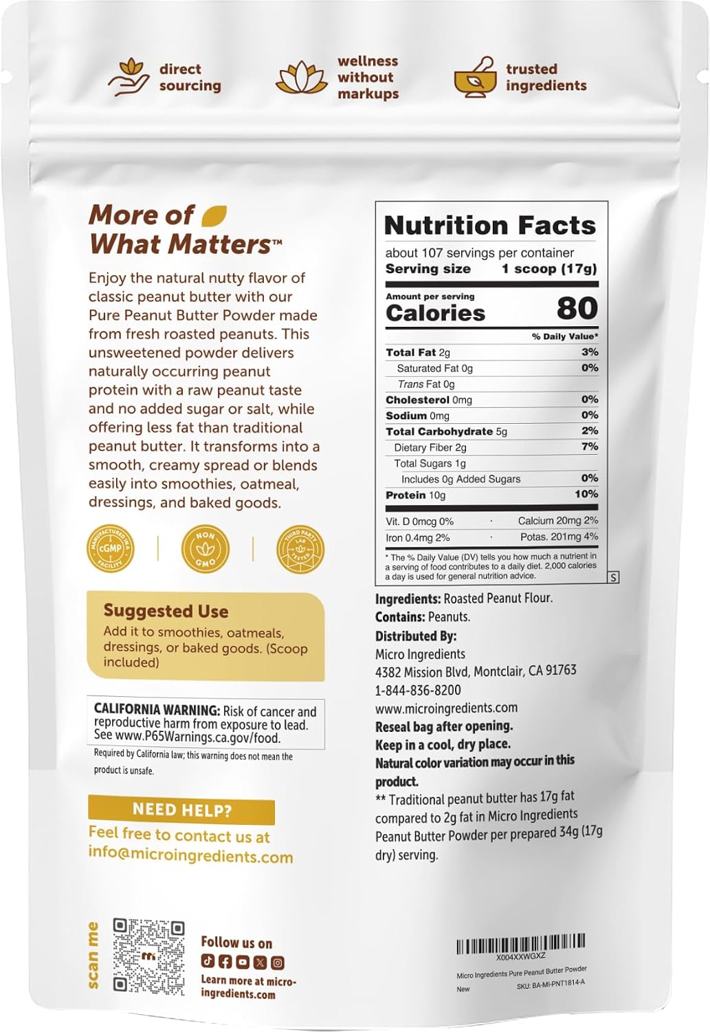Micro Ingredients Pure Peanut Butter Powder, 4 lb - Made from Fresh Roasted Peanuts - No Added Sugar or Salt - 10g Plant-Based Protein 10% DV, 88% Less Fat - 107 Servings - Non GMO