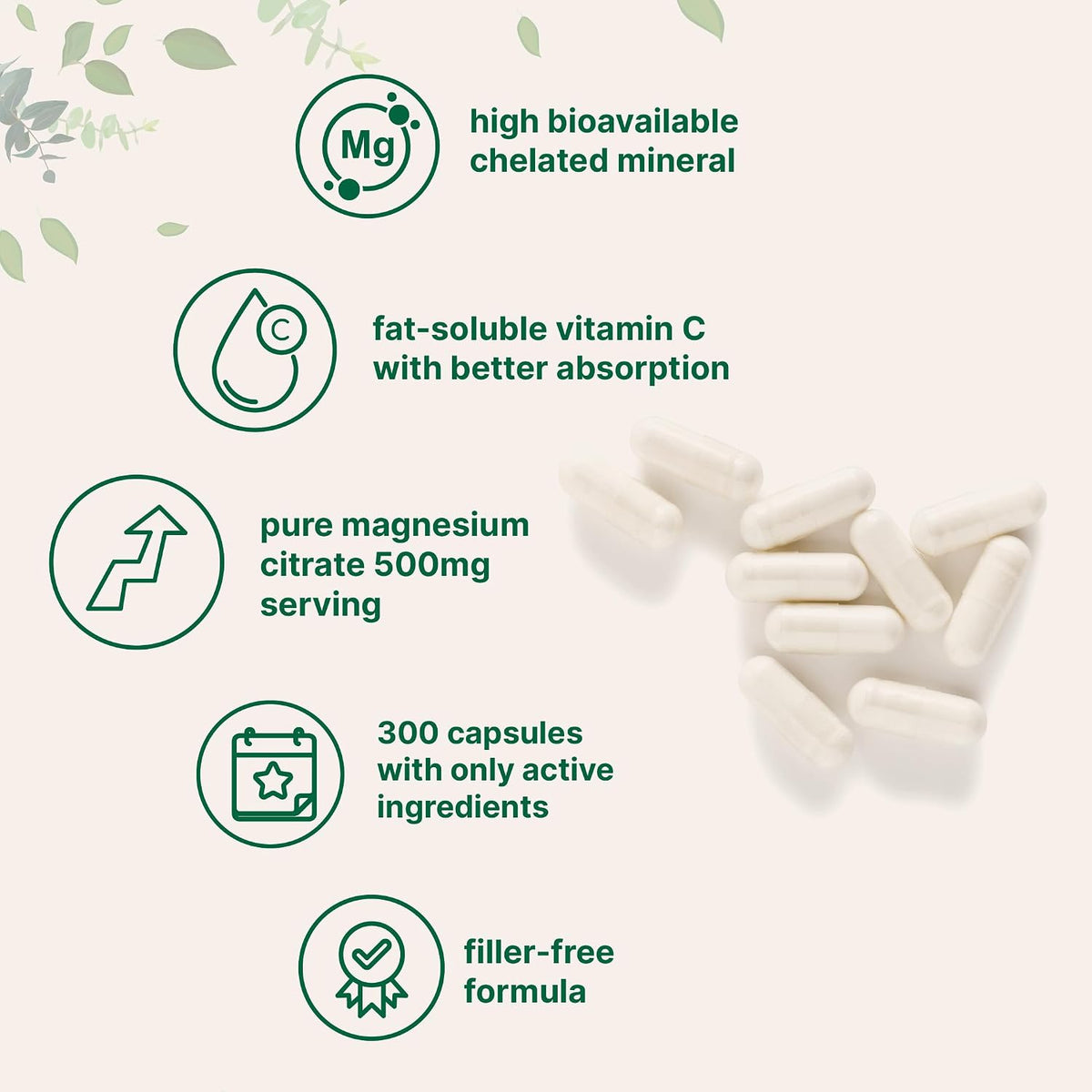 Pure Magnesium Citrate Supplements 500mg, 300 Capsules - Fat-Soluble Vitamin C Added - 100% Chelated - Only Active Ingredients