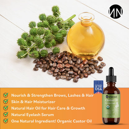 Natnique Castor Oil - USDA Certified Organic, 100% Pure Cold Pressed Unrefined Oil for Hair Growth, Eyelashes, Eyebrows & Scalp - Natural Skin Moisturizer, Lash Serum & Hair Treatment (2 Oz)