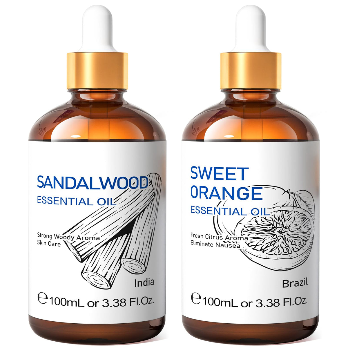 HIQILI Sandalwood Essential Oil and Sweet Orange Essential Oil, 100% Pure Natural for Diffuser - 3.38 Fl Oz