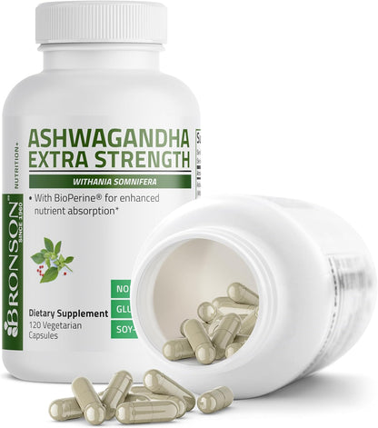 Bronson Ashwagandha Extra Strength Stress & Mood Support 120 Capsules - Vegetarian, Non-GMO, Gluten-Free, Soy-Free, BioPerine for High Absorption