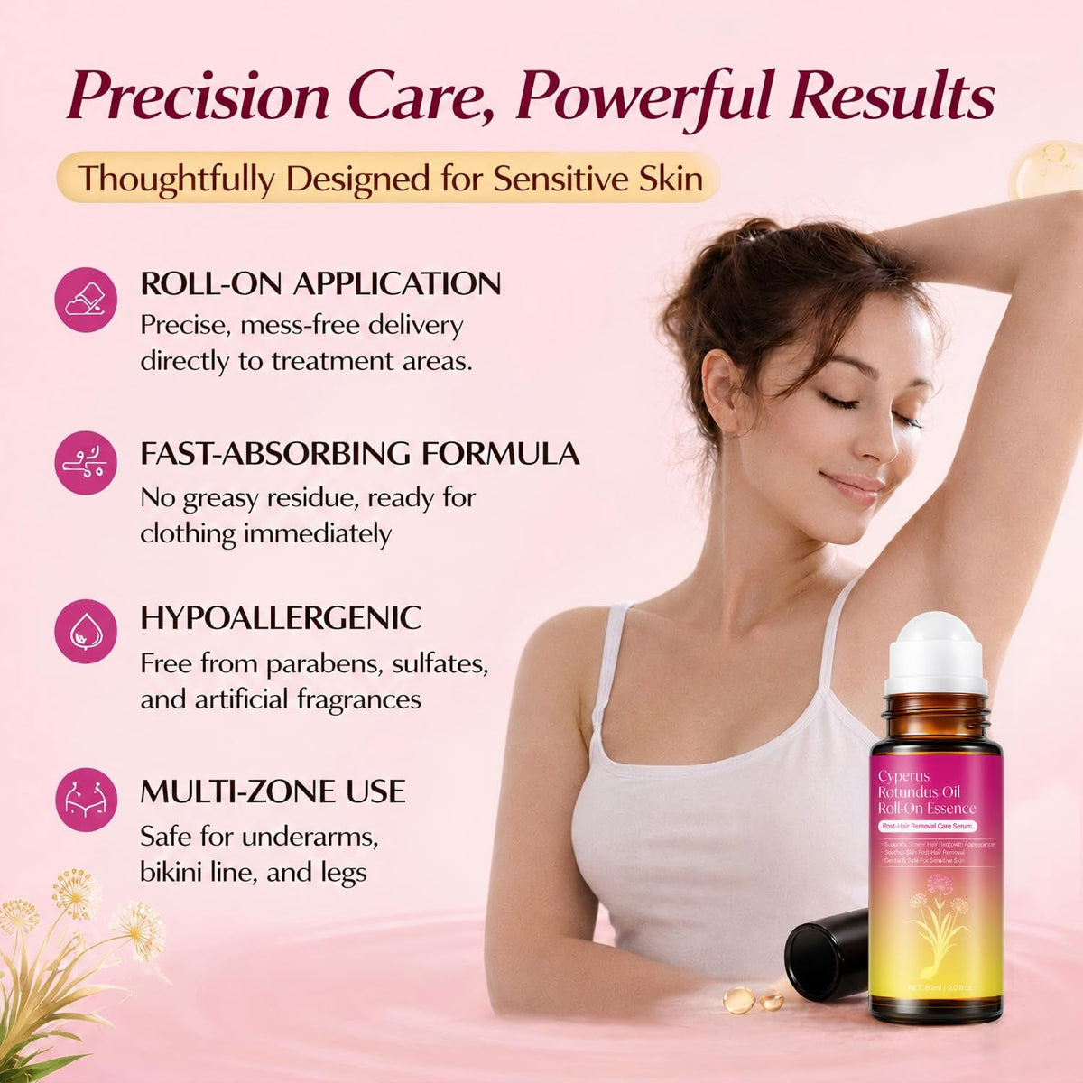 ZIIDII Cyperus Rotundus Oil Serum Roll-On, Natural Cyprus Cypress Oil for Hair Removal, Hair Growth Inhibitor to Reduce Unwanted Body Hair, Soothes & Smooths Skin, 2.02 Fl Oz