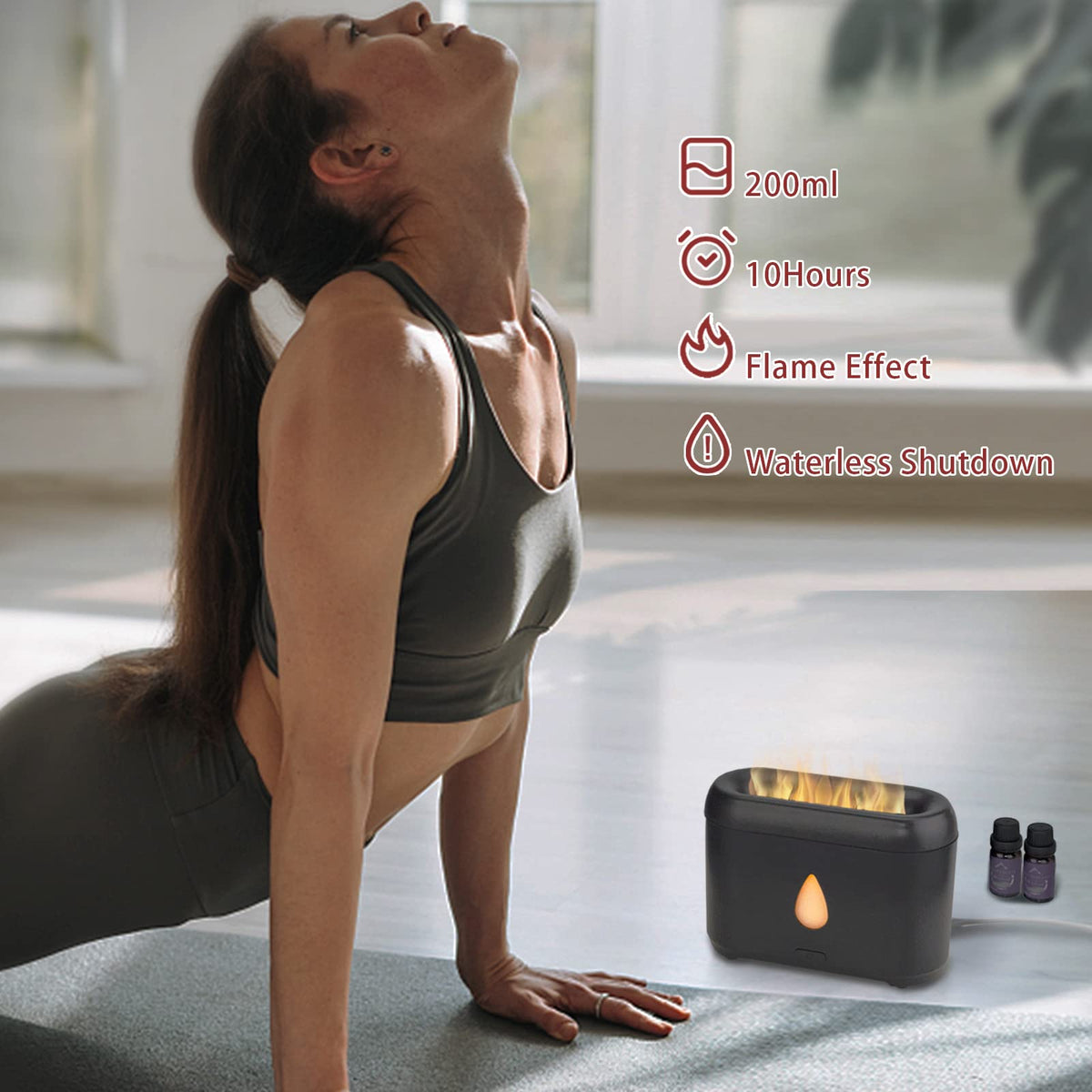 200ml Small Ultrasonic Aroma Diffusers with Flame Light (Black)