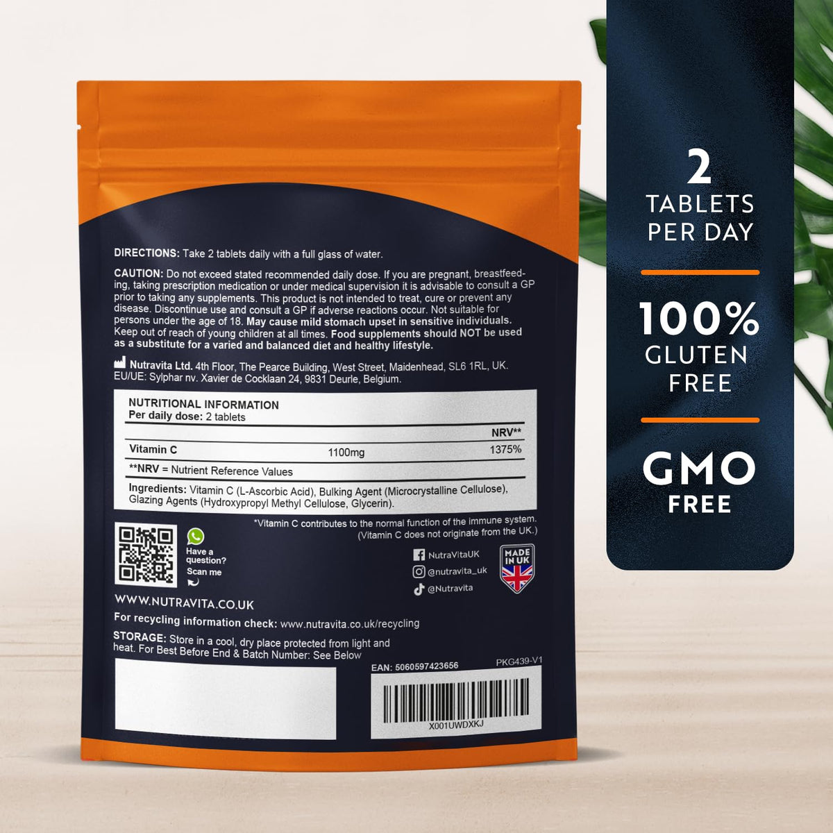 Vitamin C Tablets 1100mg - 180 Premium Vegan and Vegetarian Tablets - 3 Month Supply