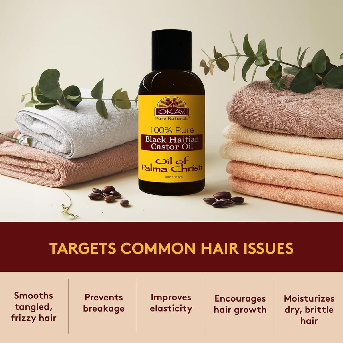 OKAY Pure Naturals Black Haitian Castor Oil - Castor Oil for Hair Health for Men & Women, Moisture for Skin, Body, Scalp, Eyelashes, Eyebrows - 4 oz Glass Bottle (Pack of 1)