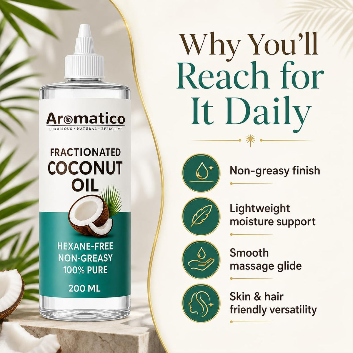 Aromatico Pure Fractionated Coconut Oil, Cold Pressed for Healthy Hair & Skin, Natural solution for Moisturised Skin, Hair Care & Body - 7 fl oz