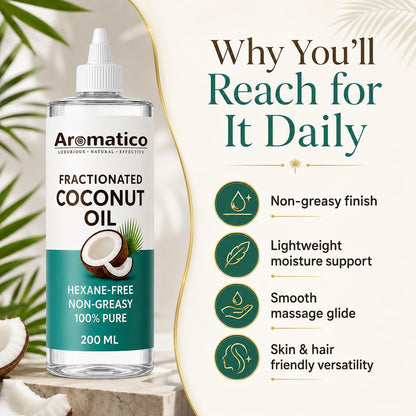Aromatico Pure Fractionated Coconut Oil, Cold Pressed for Healthy Hair & Skin, Natural solution for Moisturised Skin, Hair Care & Body - 7 fl oz