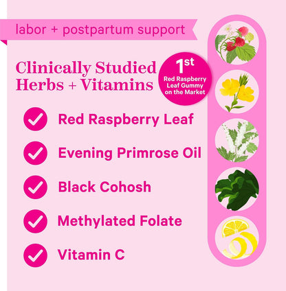 Pink Stork Red Raspberry Leaf Gummies for Labor Prep, 60 Count - Evening Primrose Oil + Black Cohosh, Pregnancy + Postpartum Mood Essentials, Vegan, Non-GMO