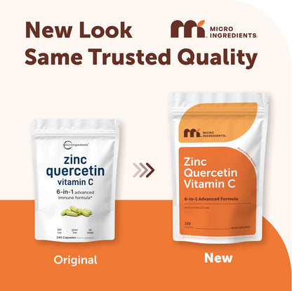 Micro Ingredients Quercetin with Vitamin C & Zinc, 240 Capsules - 6‑in‑1 Formula with Quercetin, Vitamin C & 4 Zinc Forms (Picolinate, Citrate, Glycinate, Gluconate) - Non‑GMO