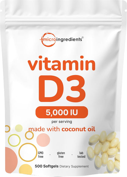 Micro Ingredients Vitamin D3 5,000 IU, 500 Softgels - Virgin Coconut Oil - Cholecalciferol Form - Bone, Immune & Heart Support - Easy to Swallow, Non-GMO