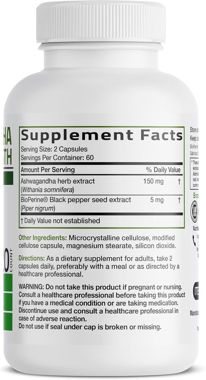 Bronson Ashwagandha Extra Strength Stress & Mood Support 120 Capsules - Vegetarian, Non-GMO, Gluten-Free, Soy-Free, BioPerine for High Absorption
