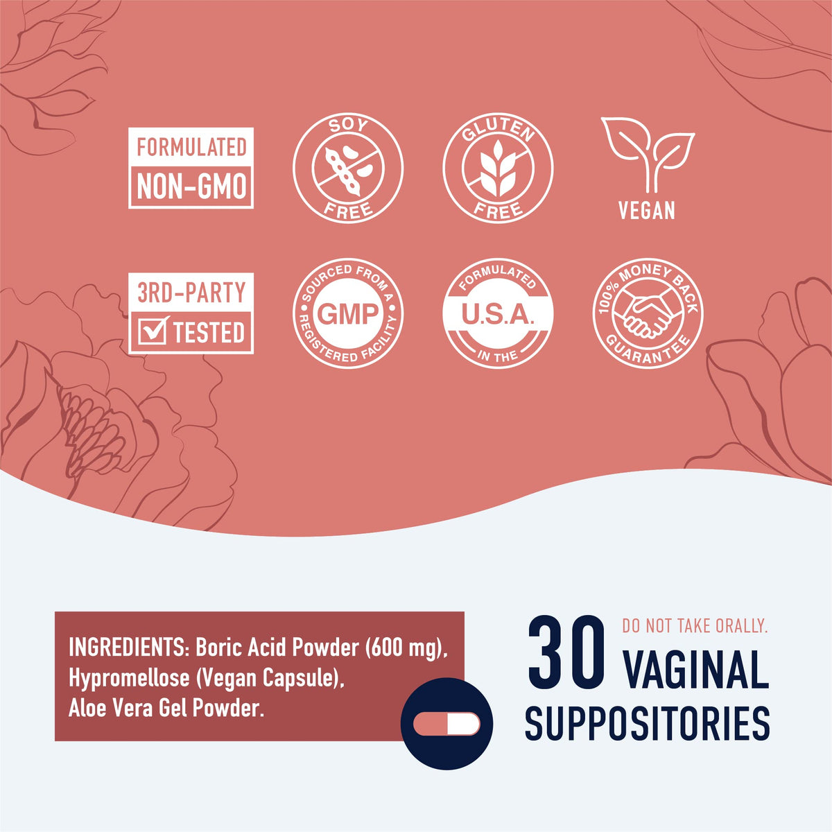 Boric Acid Suppositories for Women - 600mg - for pH Balance, Vaginal Odor & Itching - Feminine Intimate Health