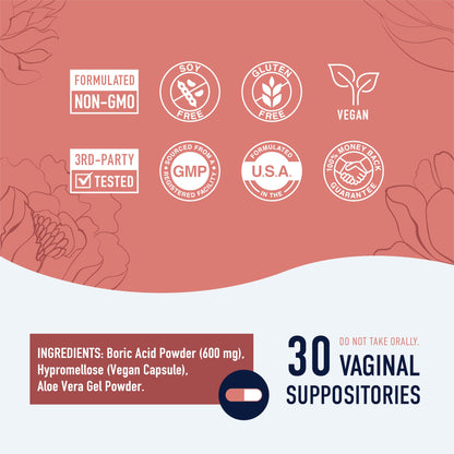 Boric Acid Suppositories for Women - 600mg - for pH Balance, Vaginal Odor & Itching - Feminine Intimate Health
