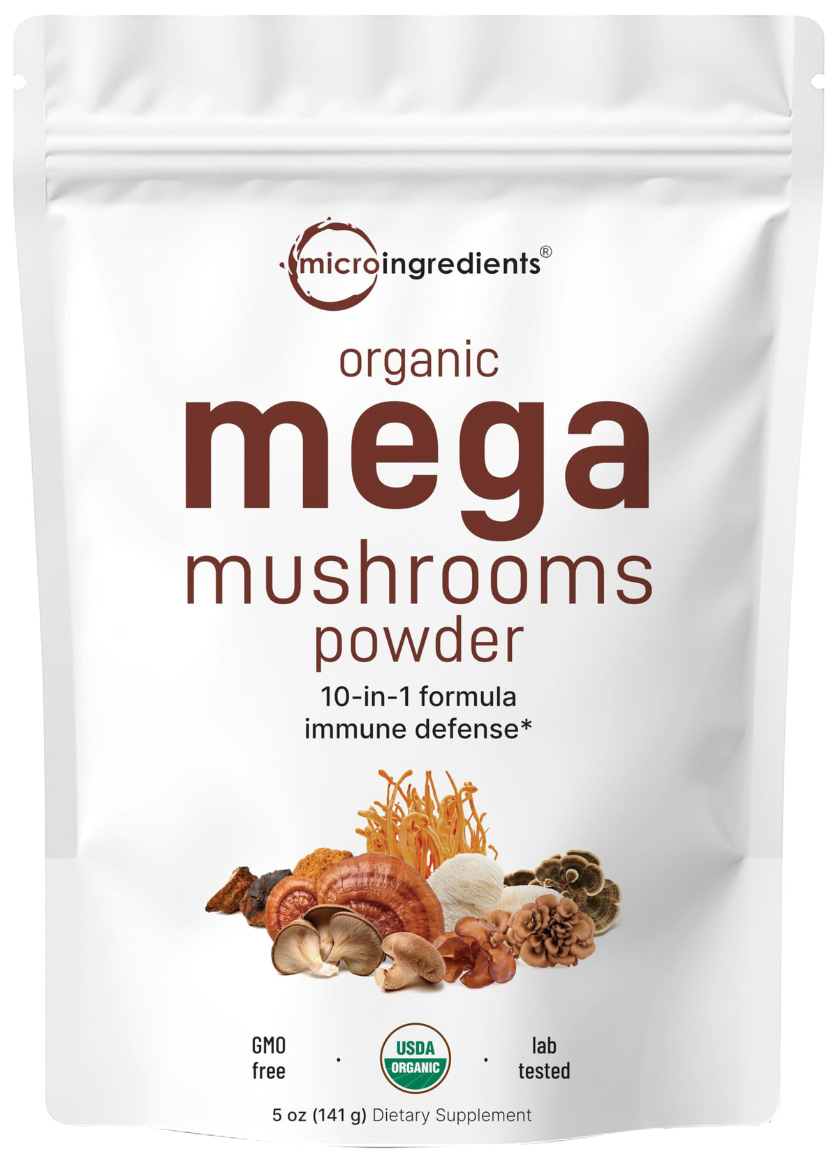 Micro Ingredients Organic Mega Mushroom Powder, 5oz (141 Days Supply) - 10-in-1 with Chaga, Lion’s Mane, Cordyceps & More - Great for Smoothies & Daily Use - Non-GMO, Vegan Friendly