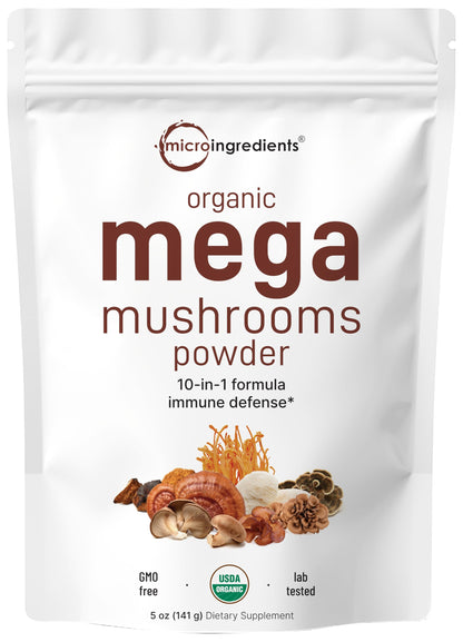 Micro Ingredients Organic Mega Mushroom Powder, 5oz (141 Days Supply) - 10-in-1 with Chaga, Lion’s Mane, Cordyceps & More - Great for Smoothies & Daily Use - Non-GMO, Vegan Friendly