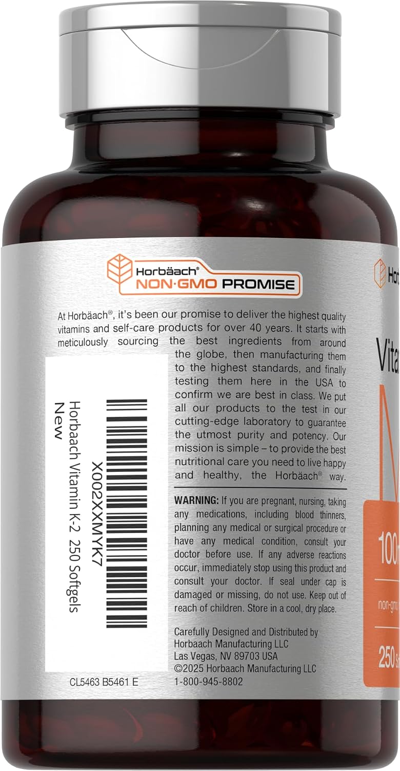 Horbäach Vitamin K2 MK7 100mcg - 250 Softgels - Non-GMO, Gluten Free Supplement