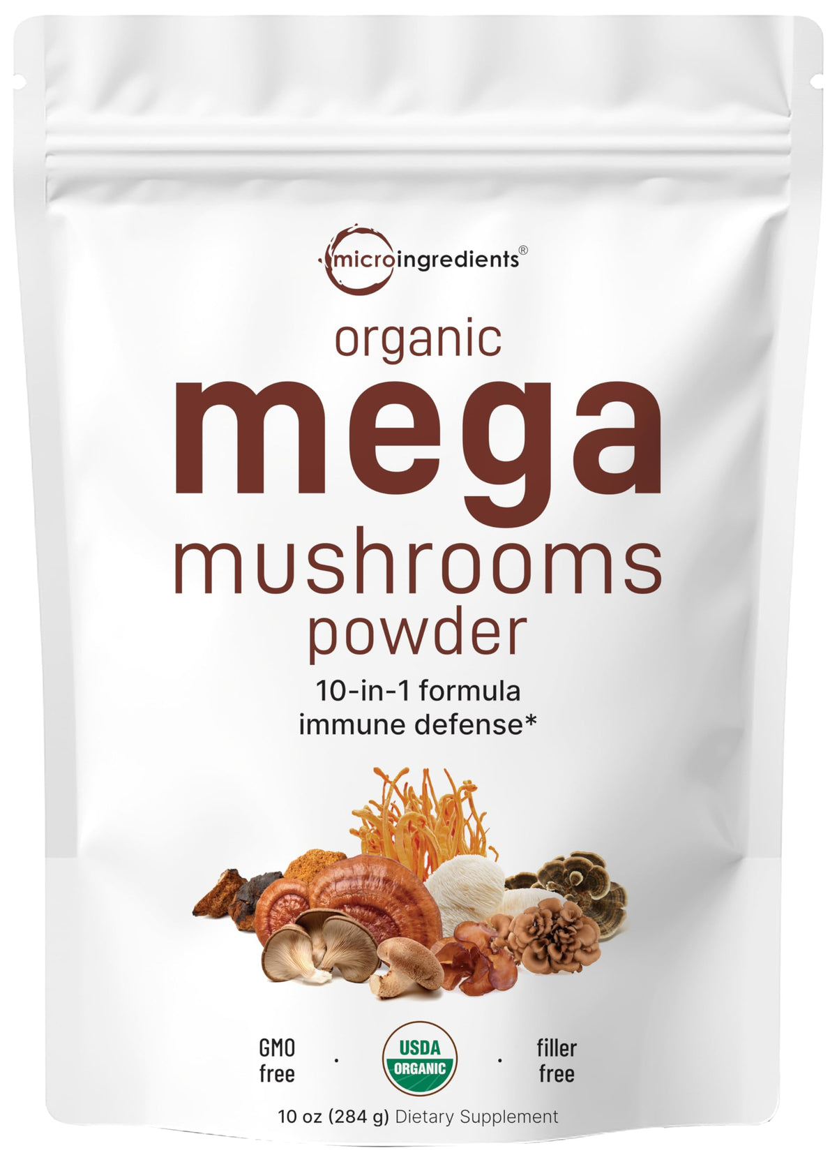 Micro Ingredients Organic Mega Mushroom Powder, 5oz (141 Days Supply) - 10-in-1 with Chaga, Lion’s Mane, Cordyceps & More - Great for Smoothies & Daily Use - Non-GMO, Vegan Friendly