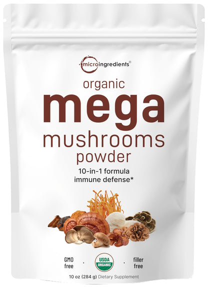 Micro Ingredients Organic Mega Mushroom Powder, 5oz (141 Days Supply) - 10-in-1 with Chaga, Lion’s Mane, Cordyceps & More - Great for Smoothies & Daily Use - Non-GMO, Vegan Friendly