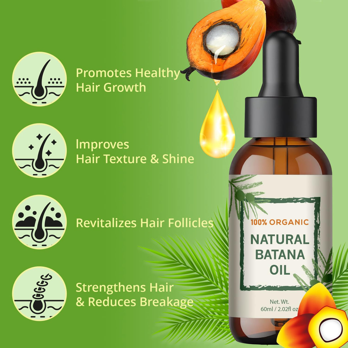 Batana Oil for Hair Growth - Dr Sebi Honduran Hair Oil for Thicker, Stronger Hair, Repairs Split Ends & Dry Scalp, Supports Hair Regrowth for Men & Women, Natural Hair Moisturizer (2.02 fl oz)