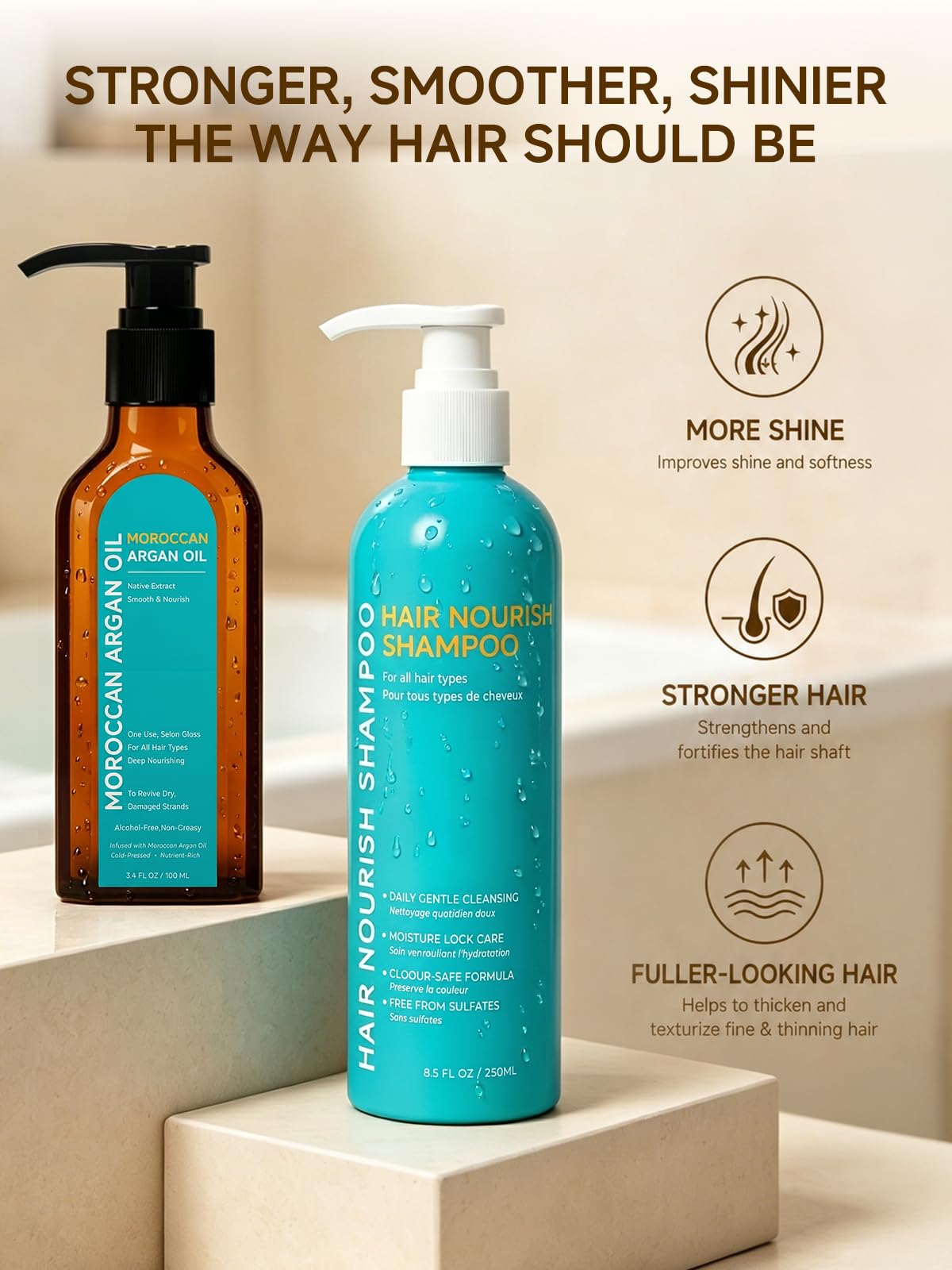 Moroccan Argan Oil Set, Moroccan Argan Oil Hydrating Shampoo Included, Deep Moisturizing Damage Repair, Frizz Control for Dry Damaged Curly Color Treated Hair