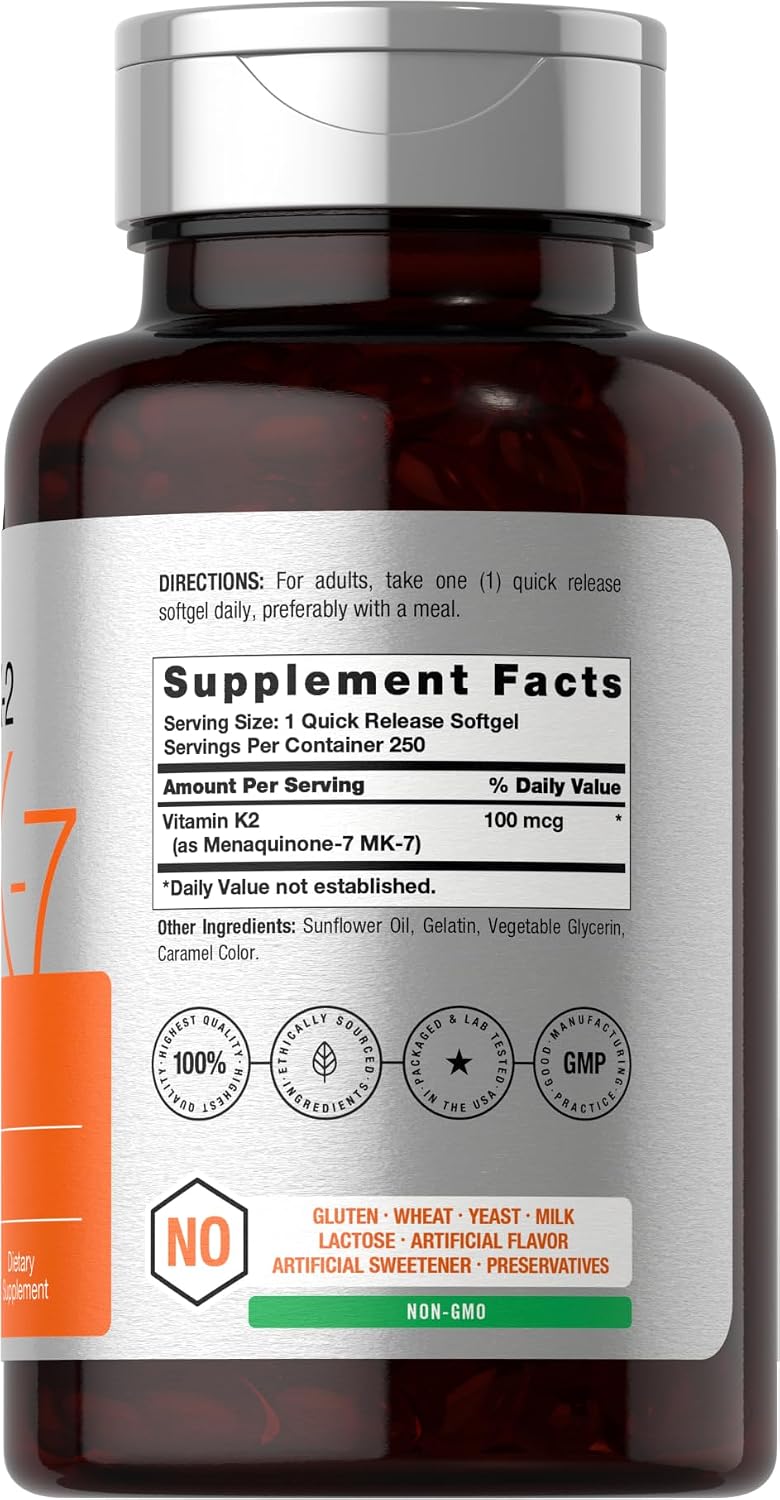 Horbäach Vitamin K2 MK7 100mcg - 250 Softgels - Non-GMO, Gluten Free Supplement