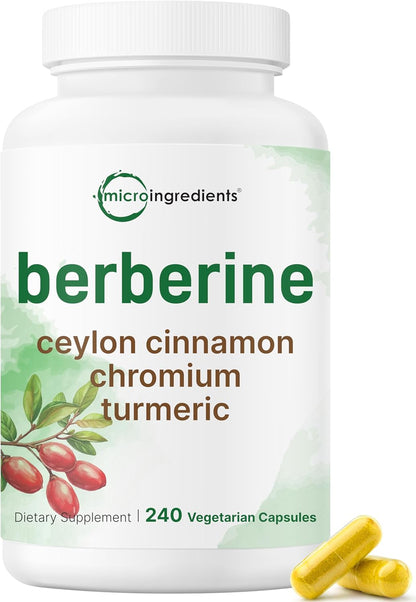 Micro Ingredients Berberine with Ceylon Cinnamon, 240 Veggie Capsules - High Absorption Berberine HCI Supplement + Turmeric Root & Cinnamon Bark Extract - Non-GMO, Gluten Free