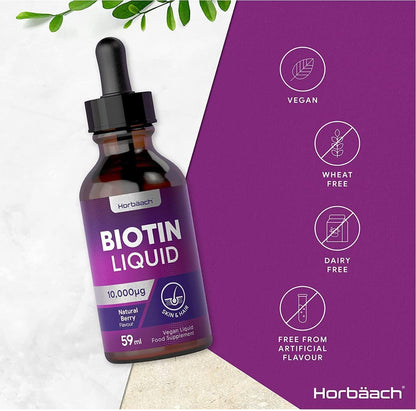Biotin Liquid Drops for Hair & Skin Support - 10000 mcg Supplement - 59 ml Vitamin B7