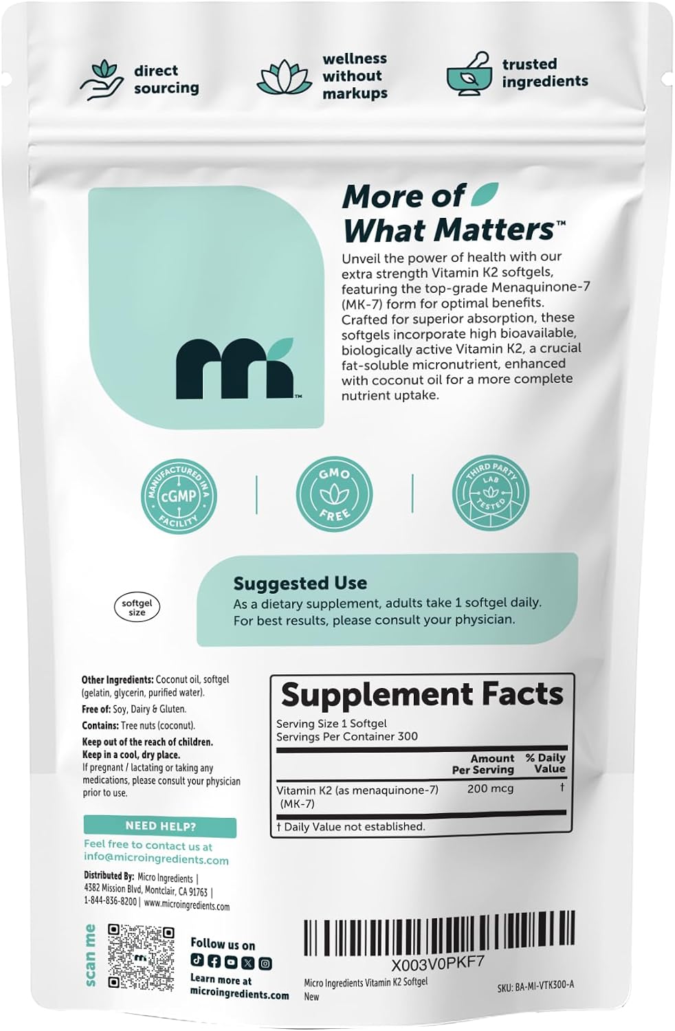 Micro Ingredients Vitamin K2 MK-7 200 mcg Per Serving, 300 Coconut Oil Softgels - K2 Vitamin Supplement with Coconut Oil - Non-GMO