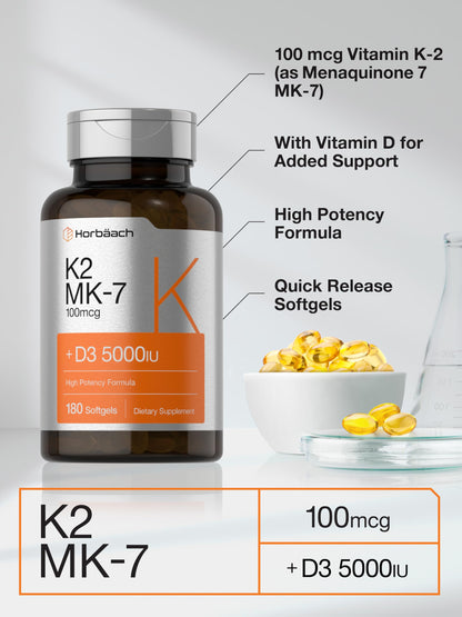 Horbäach Vitamin D3 K2 - 5000iu of Vitamin D & 100mcg MK-7 Complex - 180 Softgel Cap
