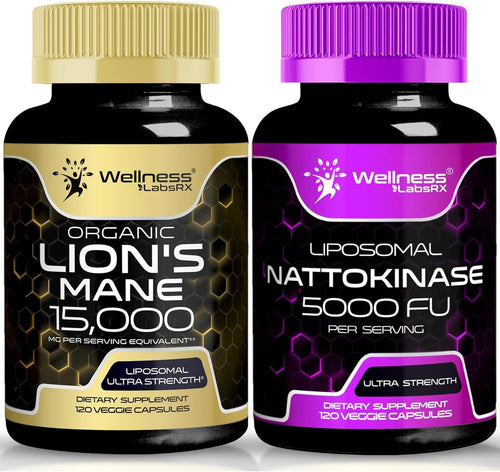 WELLNESS LABSRX Lions Mane Supplement Capsules with Nattokinase Capsules - Bundle