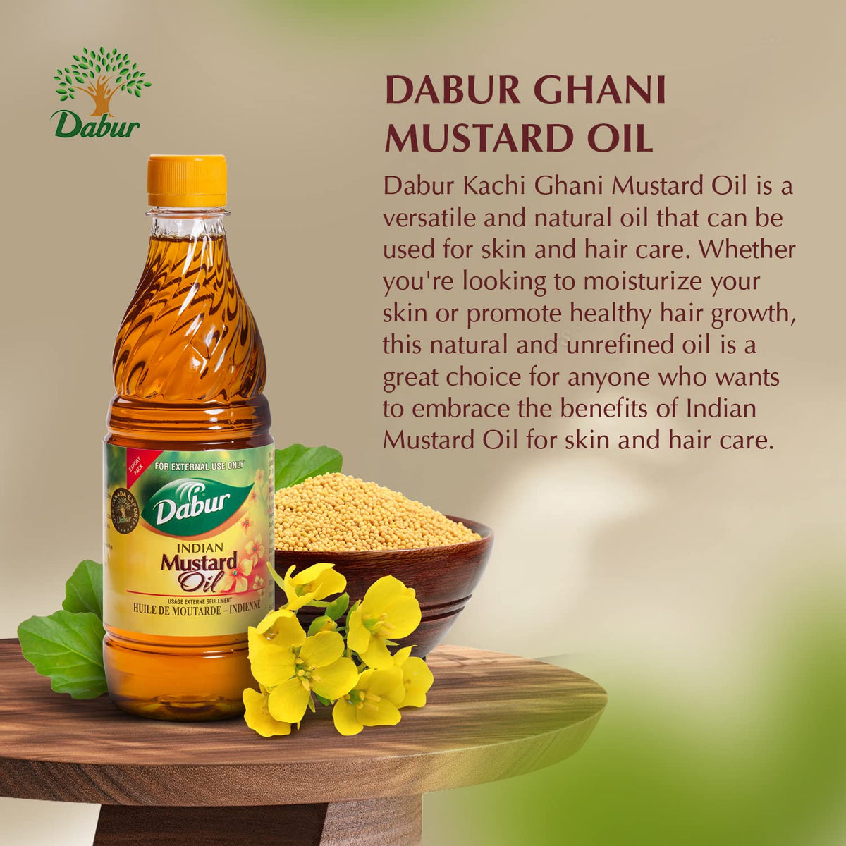 Dabur Kachi Ghani Mustard Oil - Oil for Skin and Hair Care, Cold-pressed Oil Body Massage, Therapeutic-Grade Mustard Oil, Natural Oil from Mustard Seeds, Unrefined Mustard Oil (500 ml)