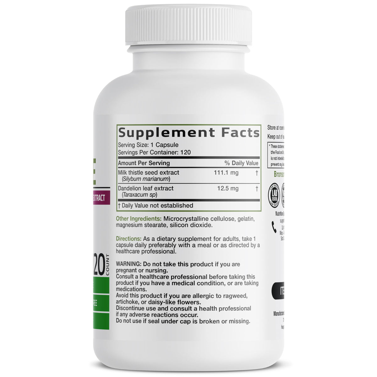 Bronson Milk Thistle Silymarin Marianum & Dandelion Extract, 120 Capsules - 2-in-1 Liver Cleanse, Health, Detox & Antioxidant Support, Non-GMO, Gluten-Free, Soy-Free