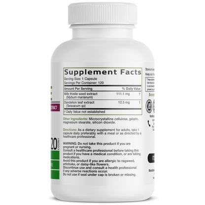 Bronson Milk Thistle Silymarin Marianum & Dandelion Extract, 120 Capsules - 2-in-1 Liver Cleanse, Health, Detox & Antioxidant Support, Non-GMO, Gluten-Free, Soy-Free