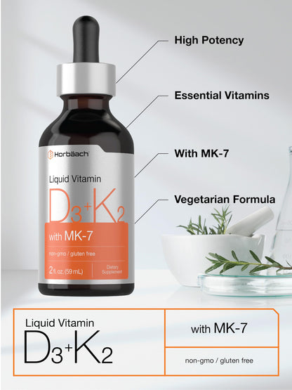 Horbäach Vitamin D3 + K2 Liquid Drops - with MK7 - 2 Fl Oz - Vegetarian - Non-GMO
