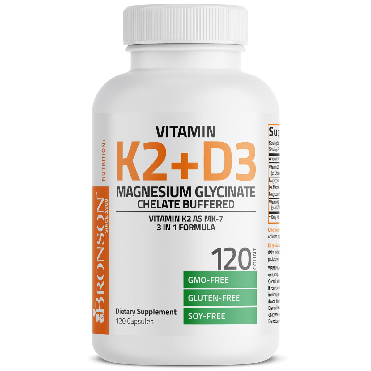 Bronson Vitamin K2+D3 Magnesium Glycinate Supplement, 60 Capsules - 3-in-1 Bone & Heart Health Support Formula, Non-GMO, Gluten Free, Soy Free