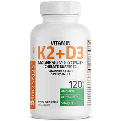 Bronson Vitamin K2+D3 Magnesium Glycinate Supplement, 60 Capsules - 3-in-1 Bone & Heart Health Support Formula, Non-GMO, Gluten Free, Soy Free