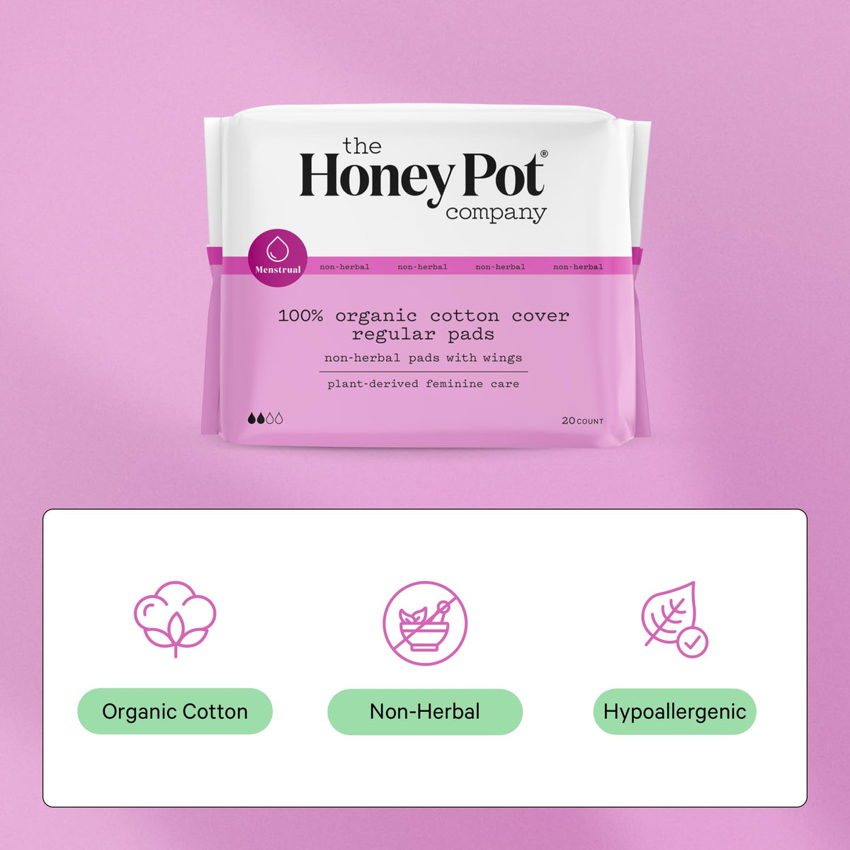 The Honey Pot Company - Non-Herbal Regular Flow Pads with Wings - Organic Pads for Women