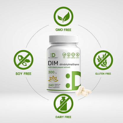 DIM Supplement 300mg with Black Pepper, 240 Vegetarian Caps, 4 Months Supply - 2-in-1 Dim Supplement for Women & Men - Diindolylmethane Plus Black Pepper Extract for Enhanced Absorption*
