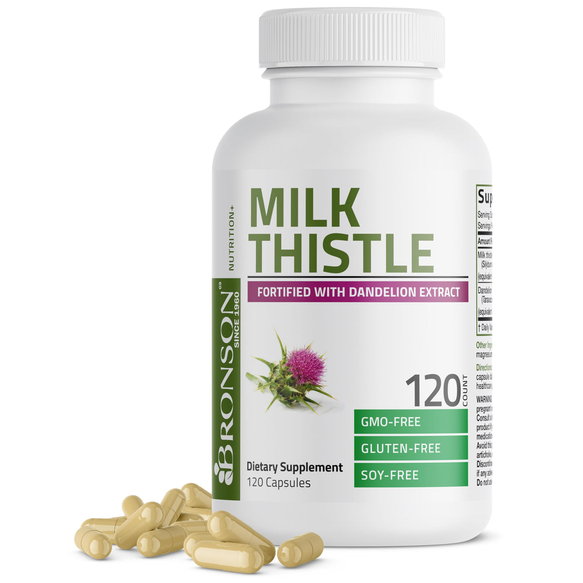 Bronson Milk Thistle Silymarin Marianum & Dandelion Extract, 120 Capsules - 2-in-1 Liver Cleanse, Health, Detox & Antioxidant Support, Non-GMO, Gluten-Free, Soy-Free
